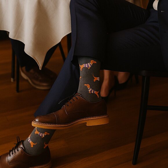 Robert Graham Dachshund Dog Gray Patterned Crew Fun Luxury Dress Socks - Picture 1 of 10